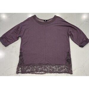A&I Womens Plus Sz 1X Purple Tunic Lace Hem Mesh 3/4 Sleeve‎ Boho Top Casual